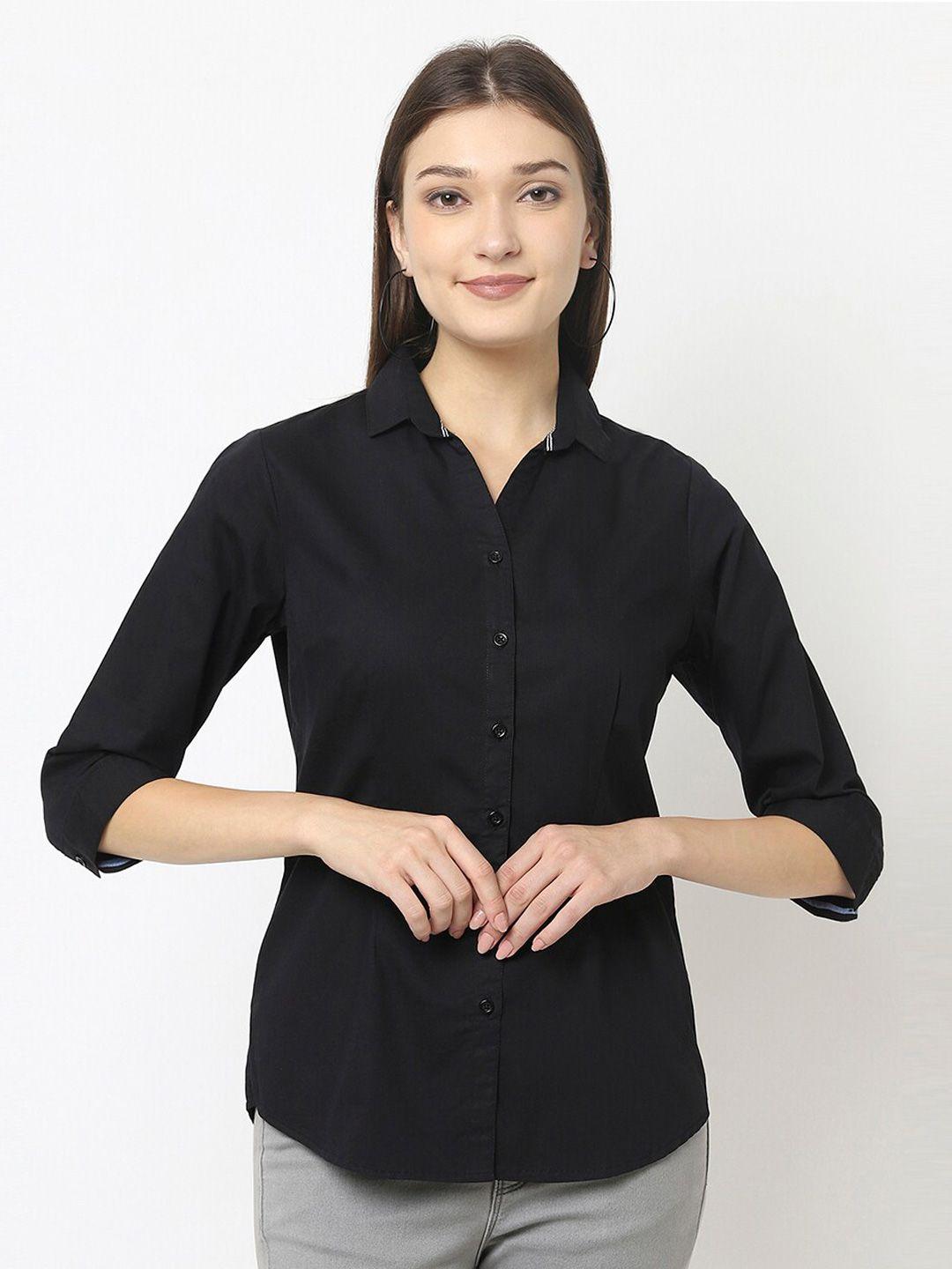 crimsoune club women black solid slim fit casual shirt