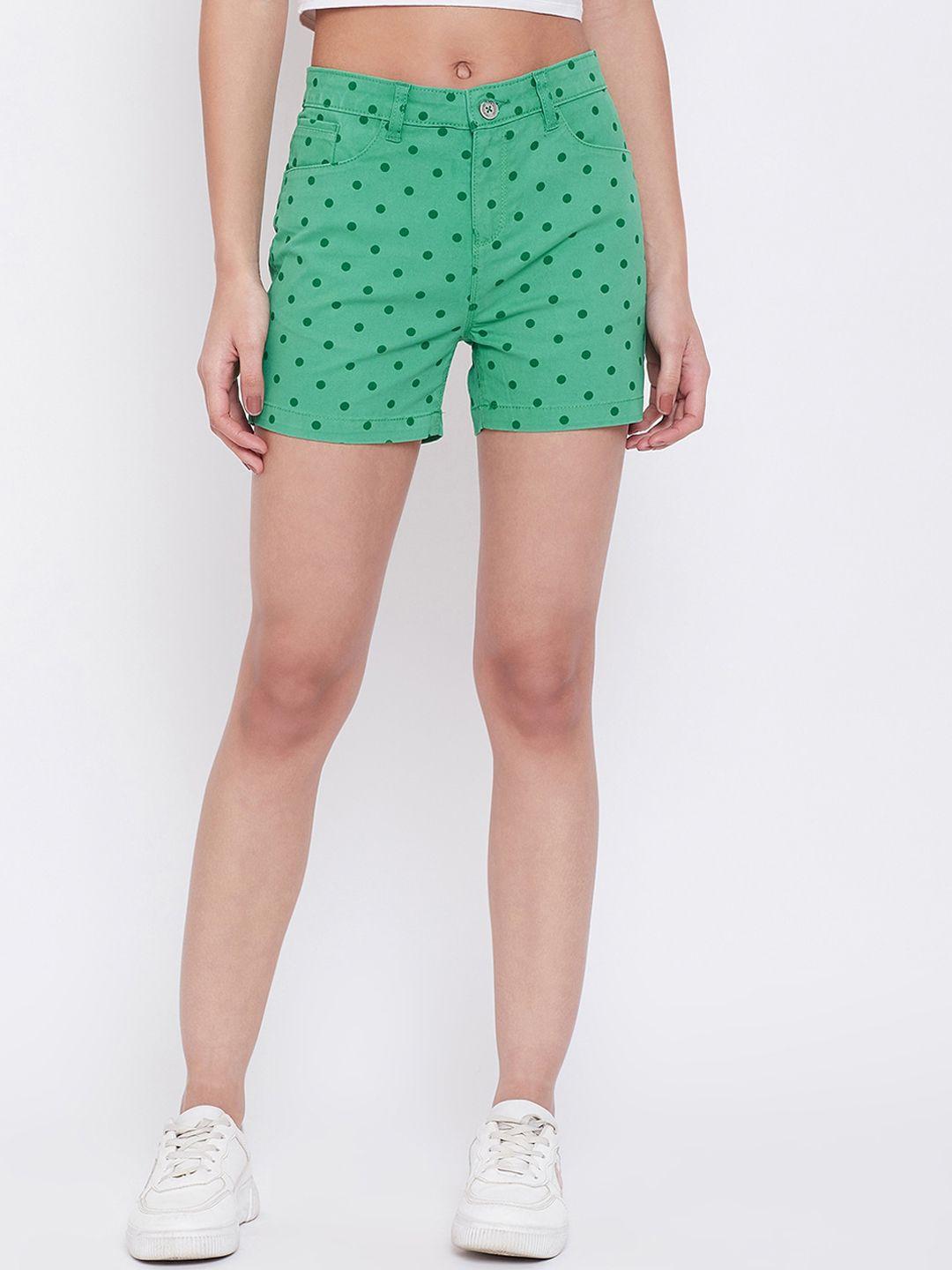 crimsoune club women green polka dot printed slim fit regular shorts