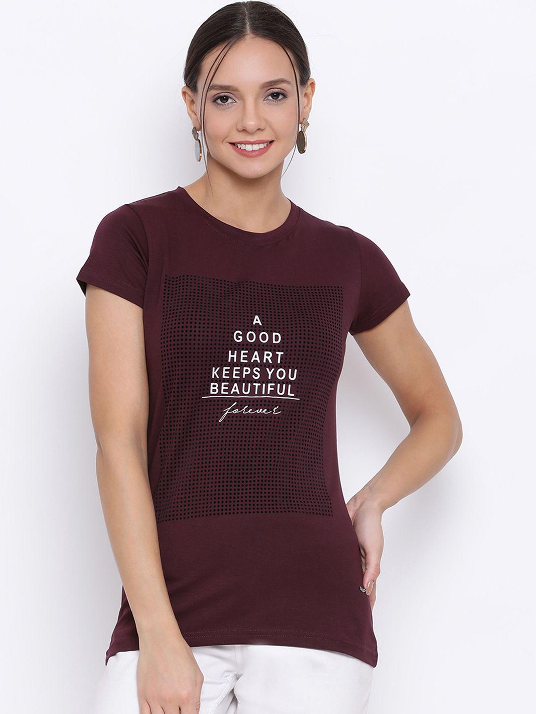 crimsoune club women maroon printed round neck slim fit t-shirt