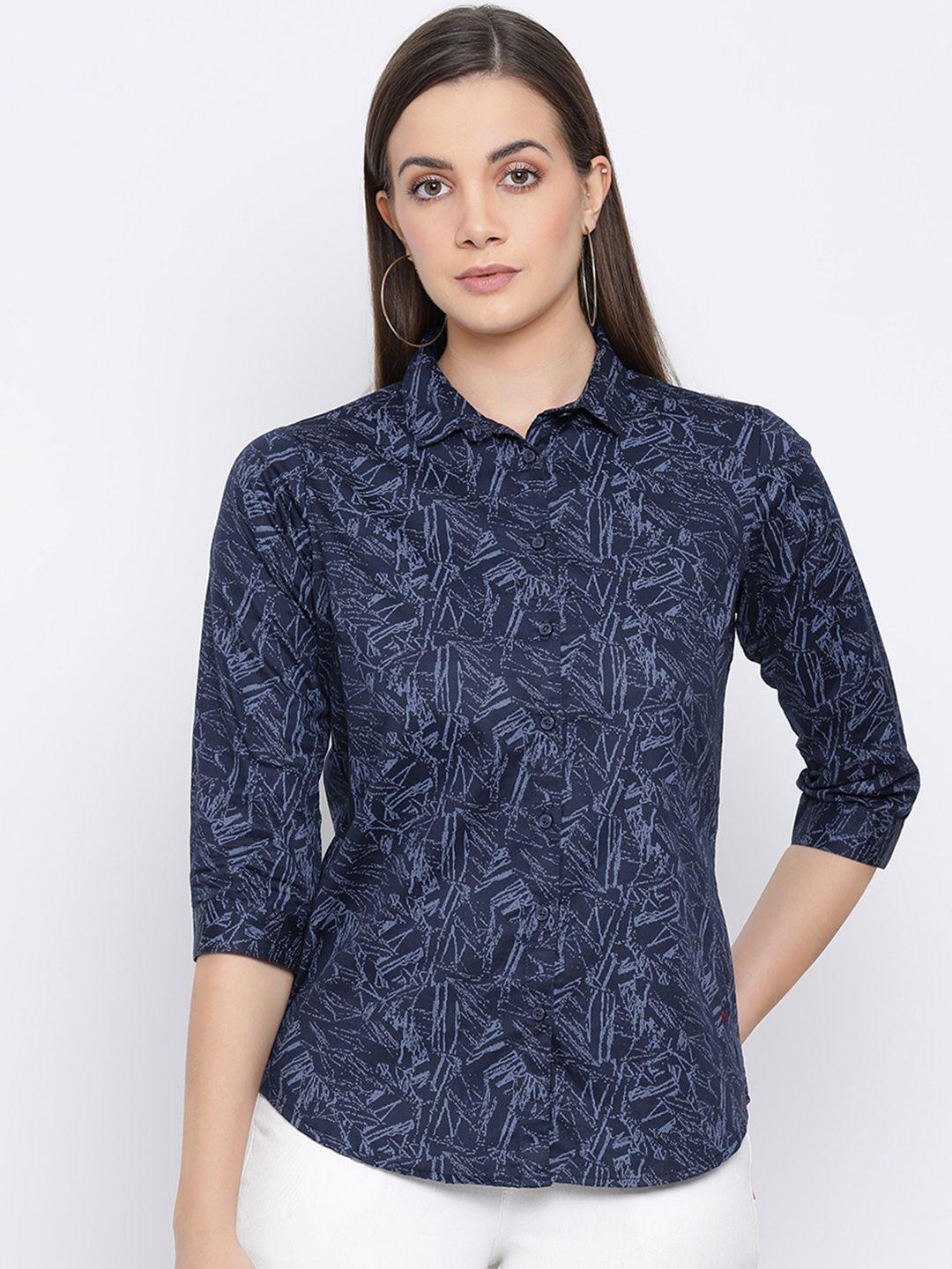crimsoune club women navy blue & navy blue slim fit printed casual shirt