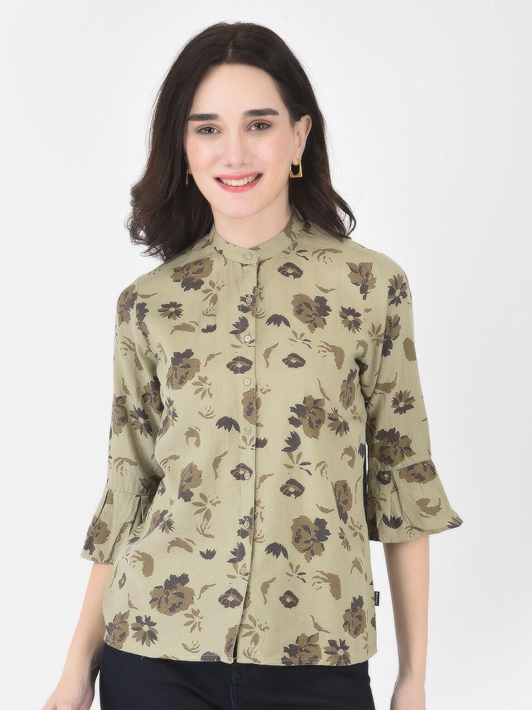 crimsoune club women olive green slim fit floral printed casual shirt
