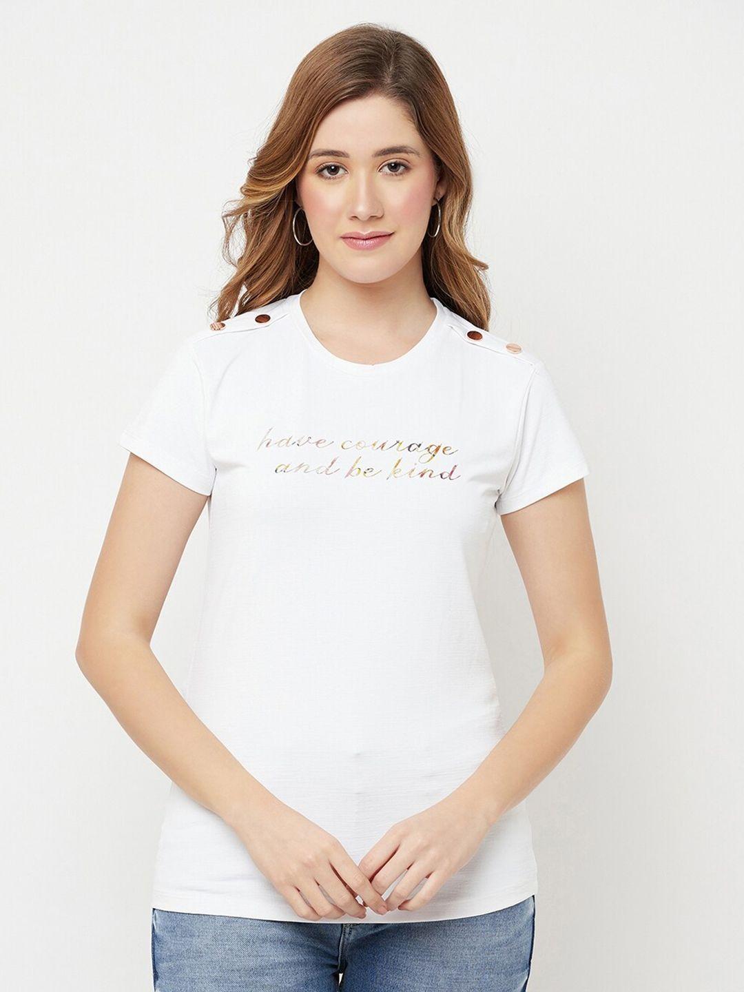 crimsoune club women white typography slim fit t-shirt with shoulder tabs