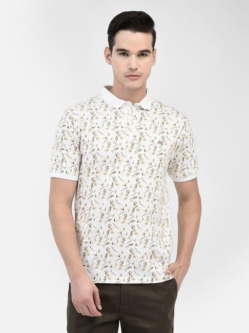 crimsoune club beige cotton slim fit floral print polo t-shirt