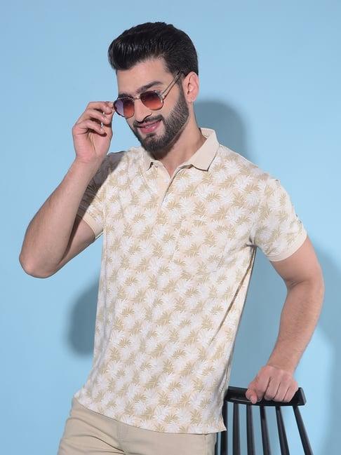 crimsoune club beige cotton slim fit floral print polo t-shirt