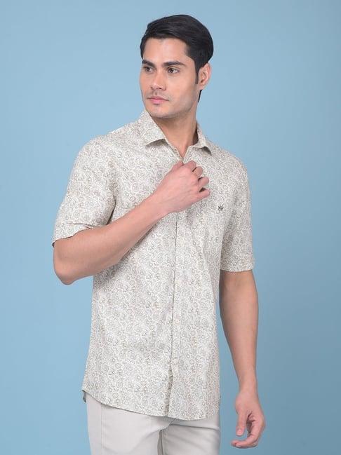 crimsoune club beige cotton slim fit floral print shirt