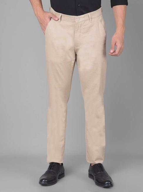 crimsoune club beige cotton slim fit printed trousers