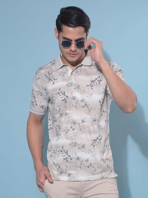 crimsoune club beige slim fit floral print polo t-shirt