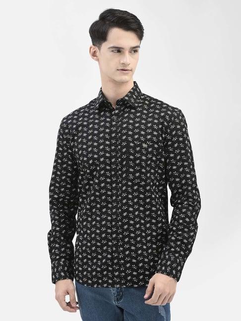 crimsoune club black slim fit floral print cotton shirt