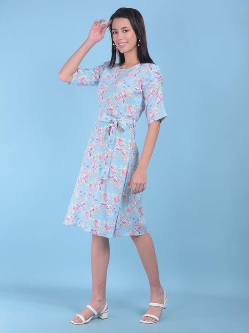 crimsoune club blue & pink floral print a line dress