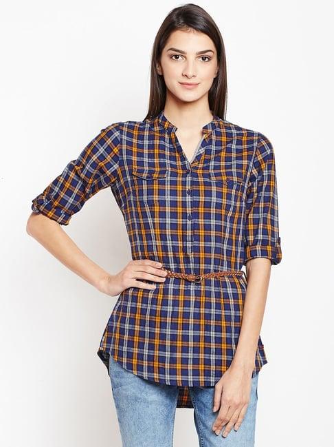 crimsoune club blue & yellow cotton chequered tunic