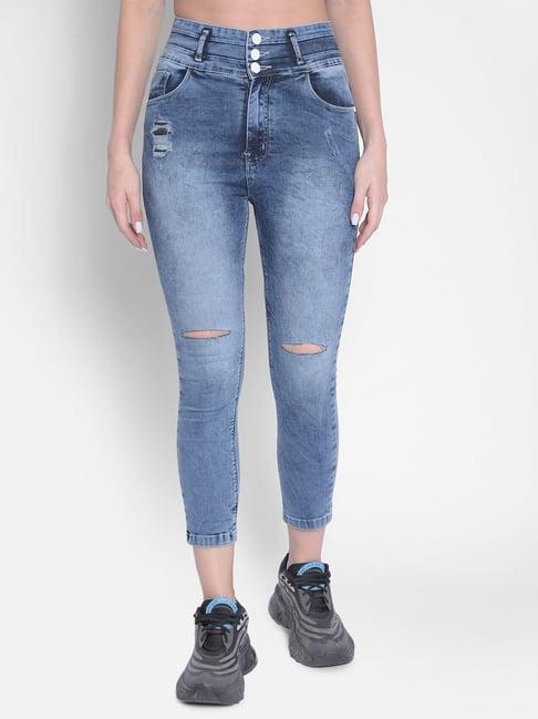 crimsoune club blue distressed skinny fit high rise jeans