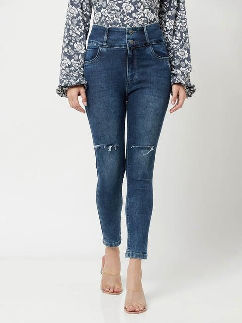crimsoune club blue distressed skinny fit high rise jeans