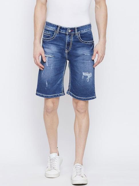 crimsoune club blue slim fit distressed denim shorts