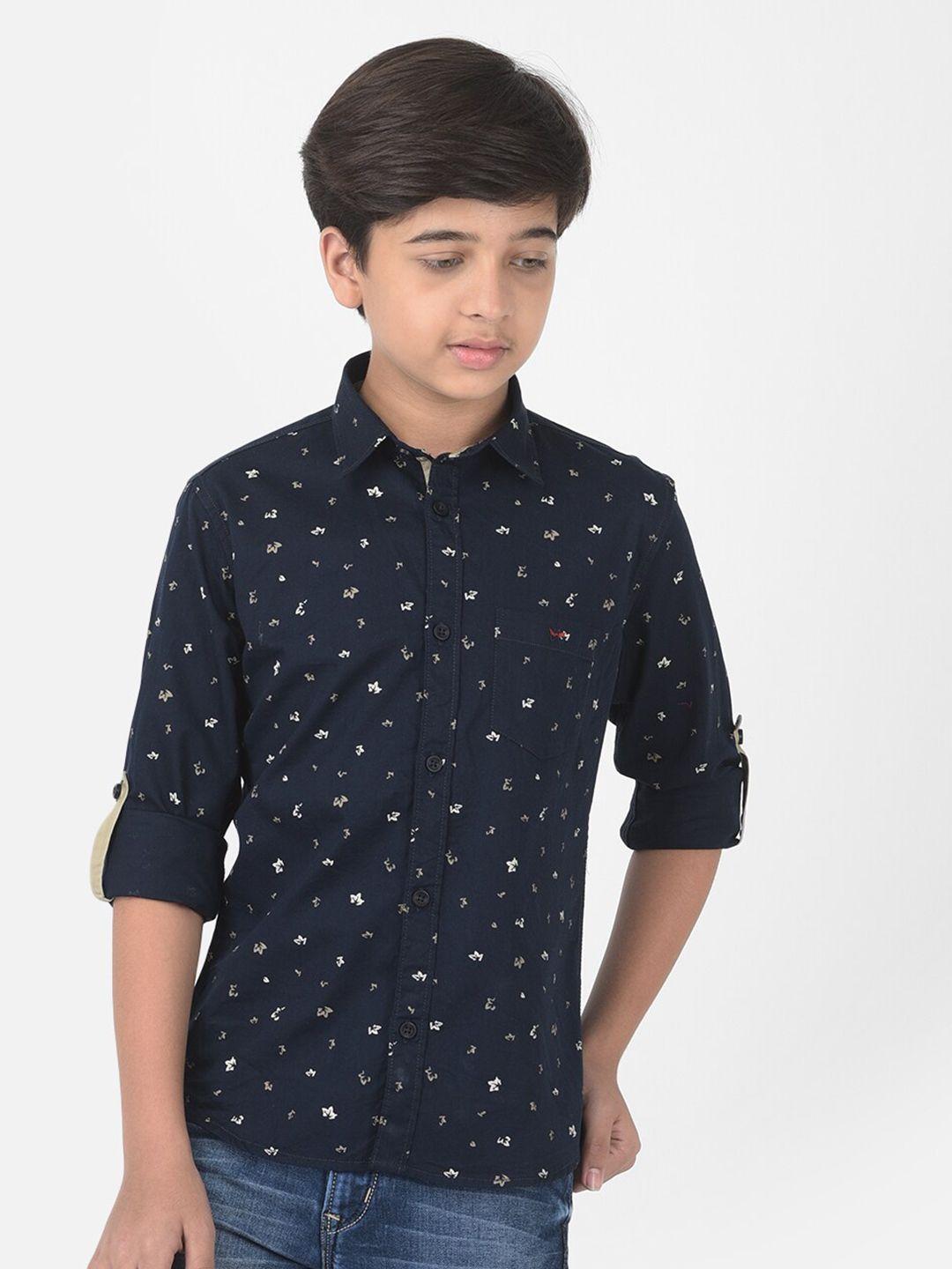 crimsoune club boys navy blue slim fit printed casual shirt