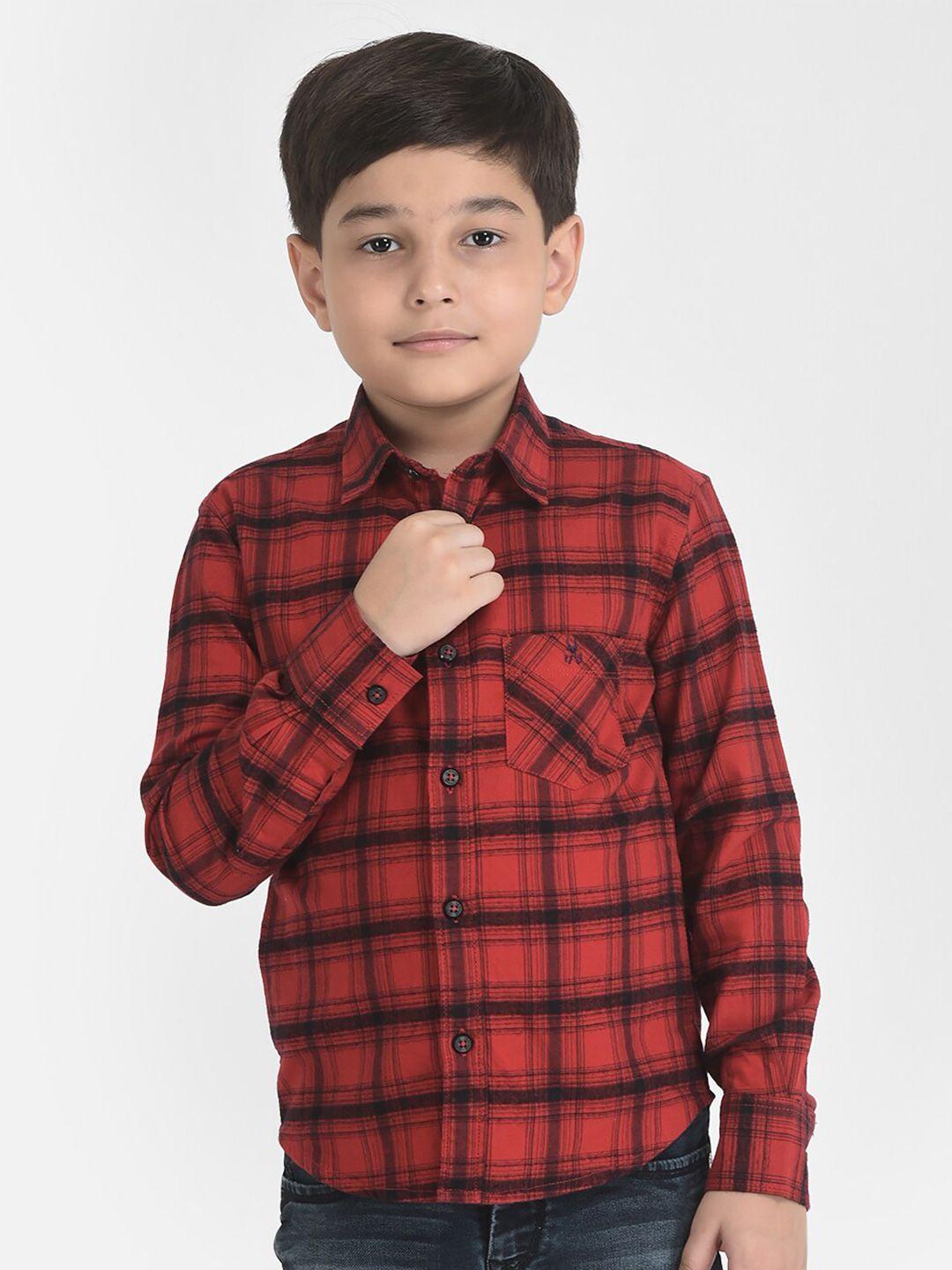 crimsoune club boys red & black slim fit tartan checked pure cotton casual shirt