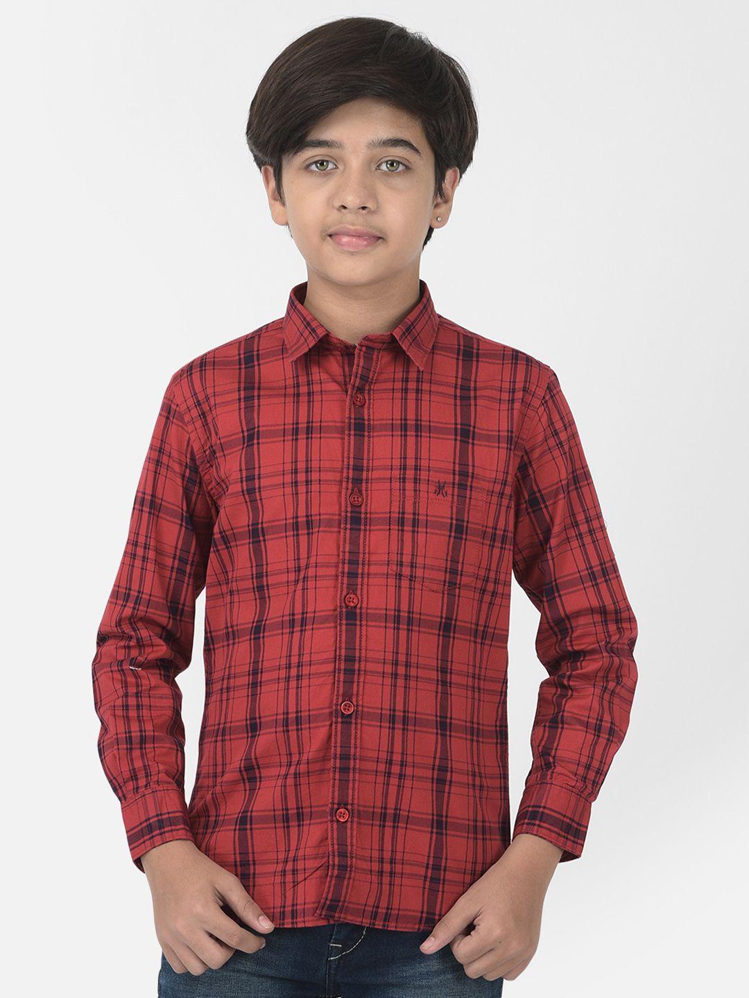 crimsoune club boys red standard slim fit tartan checks checked casual shirt