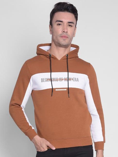 crimsoune club brown regular fit printed hooded sweatshirt