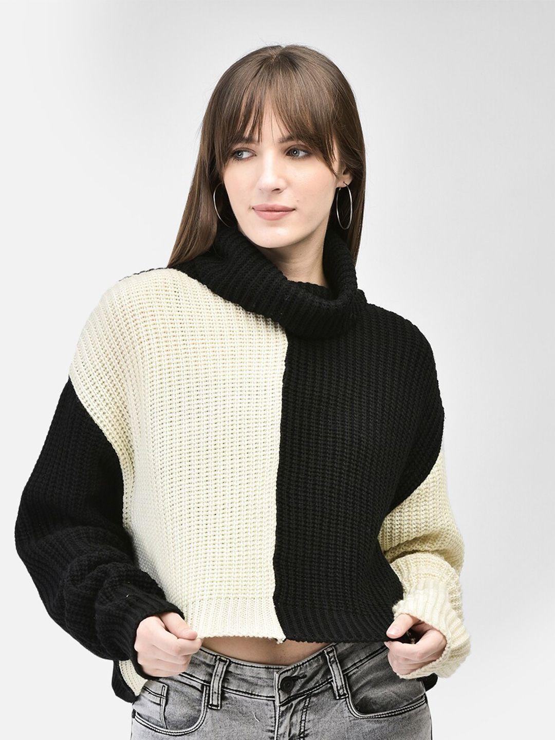 crimsoune club colourblocked turtle neck pure acrylic crop pullover