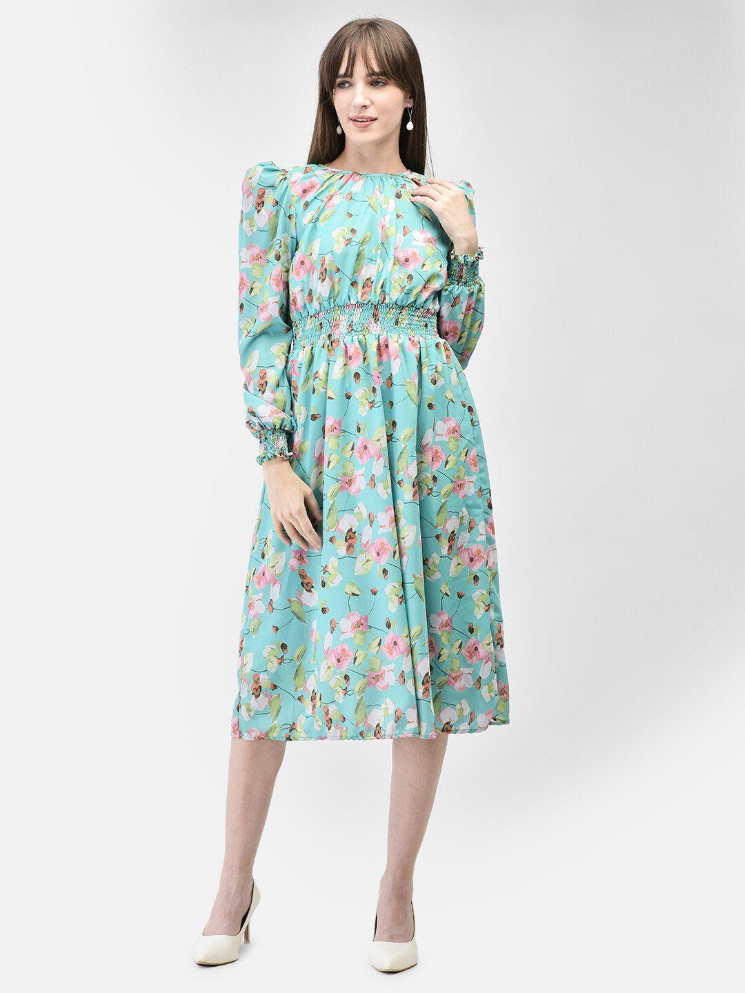 crimsoune club floral printed puff sleeves smocked fit & flare midi dress