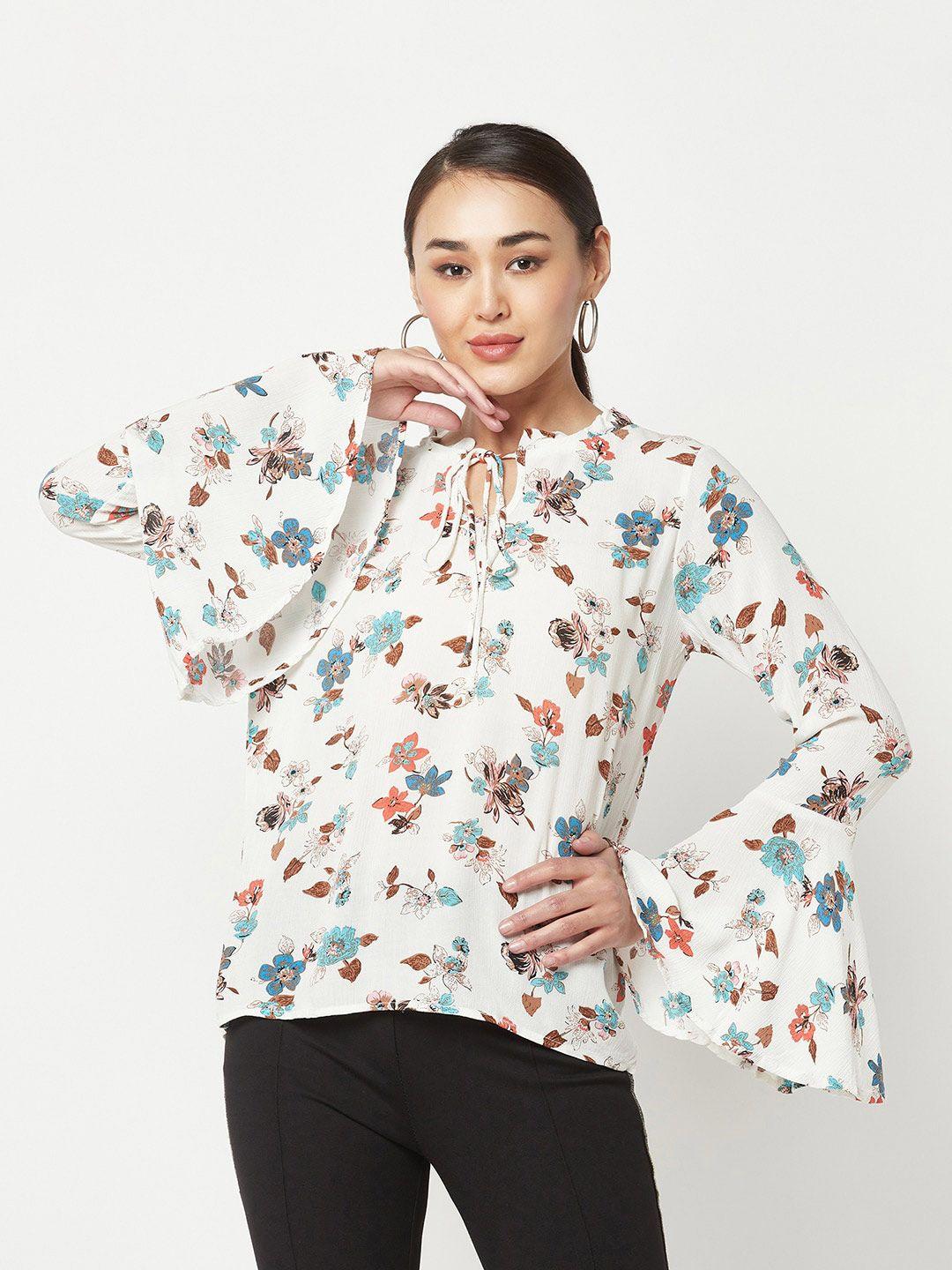 crimsoune club floral printed tie-up neck bell sleeves top