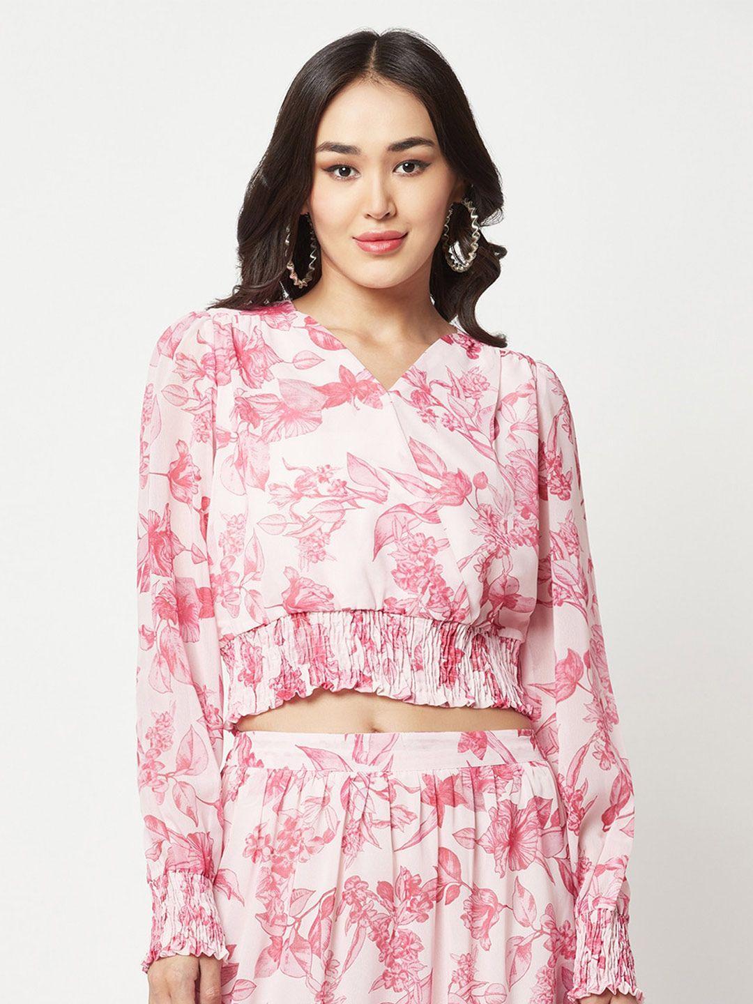 crimsoune club floral printed v-neck puff sleeves smocking detail crop wrap top