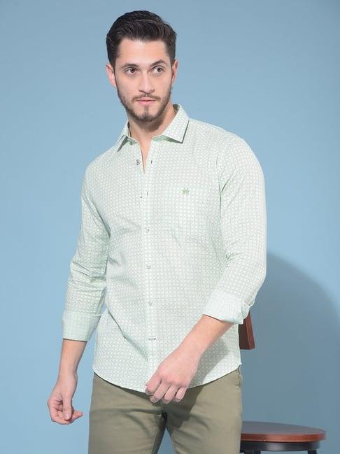 crimsoune club green cotton slim fit printed shirt