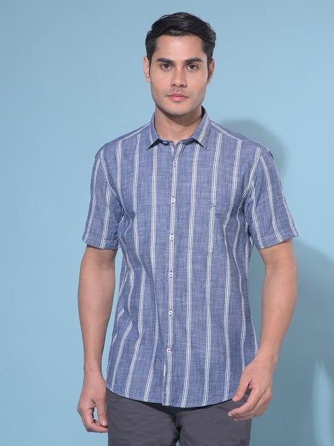 crimsoune club grey cotton slim fit striped shirt