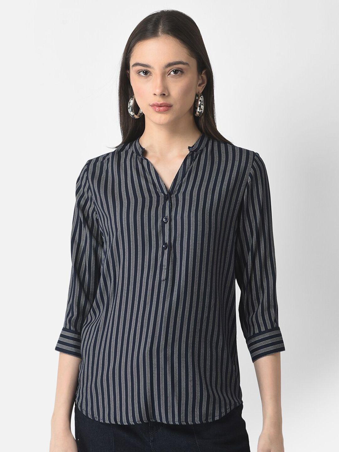 crimsoune club grey striped mandarin collar shirt style top