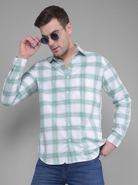 crimsoune club light green cotton slim fit checks shirt