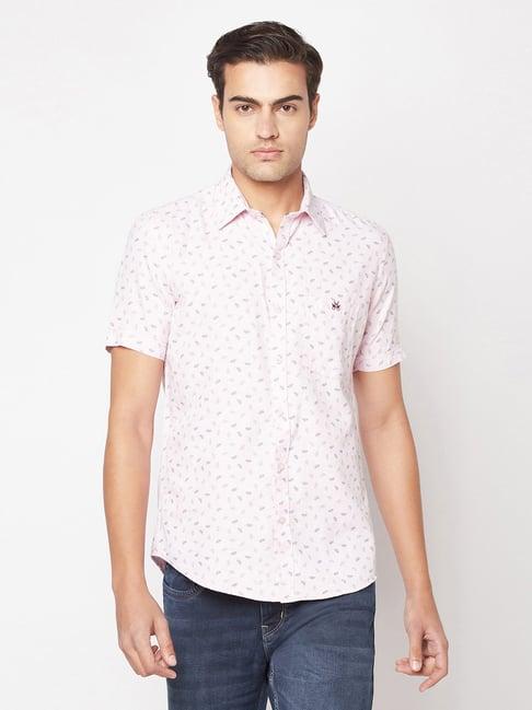 crimsoune club light pink slim fit floral print cotton shirt