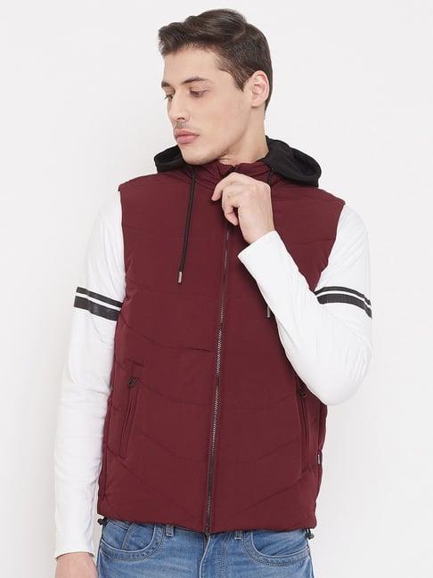 crimsoune club maroon slim fit quilted hooded jacket