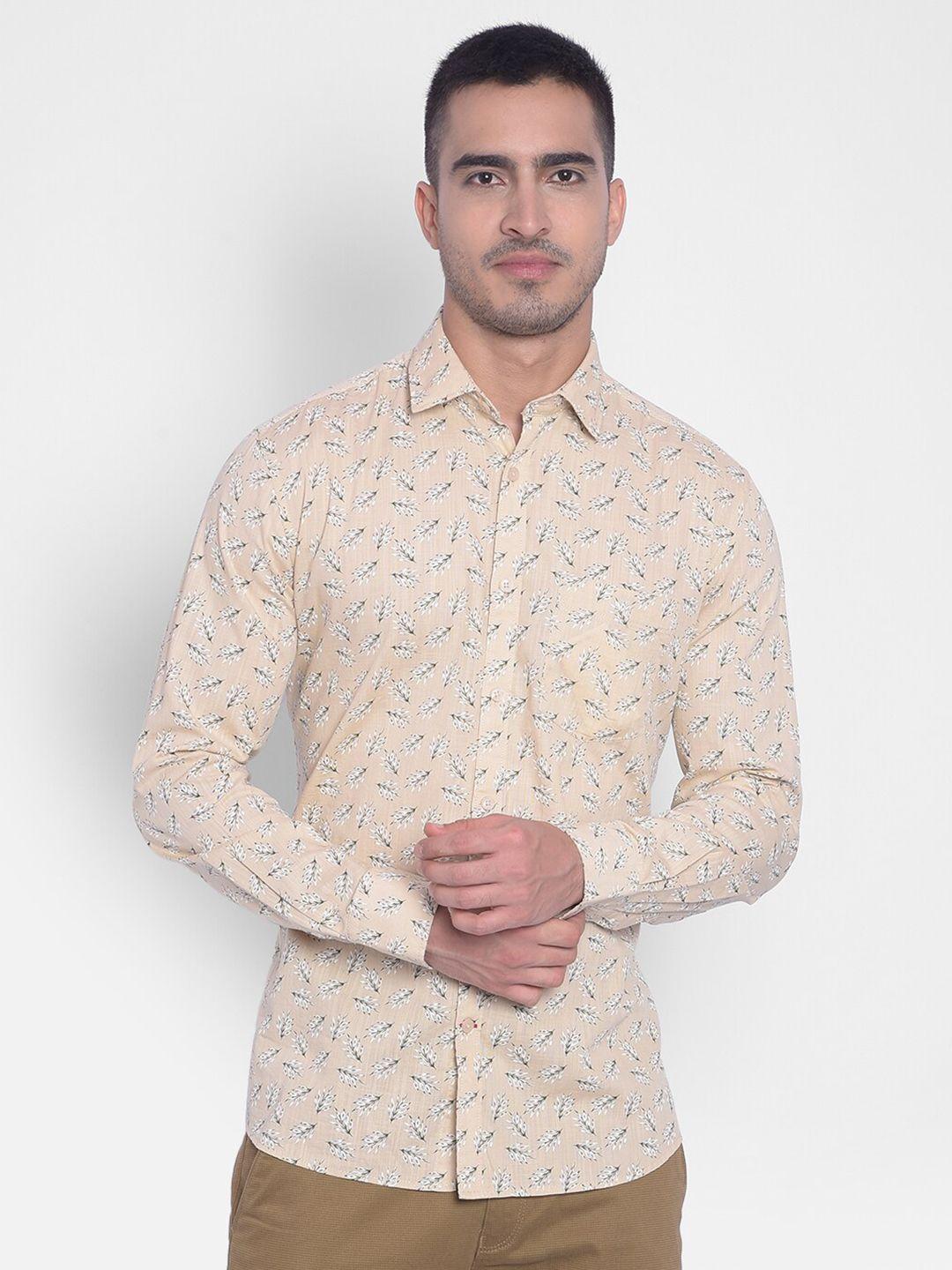 crimsoune club men beige slim fit opaque printed casual shirt