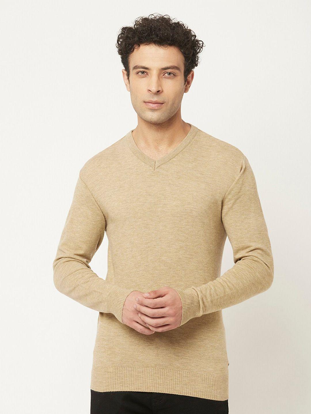 crimsoune club men beige solid v-neck long sleeves pullover