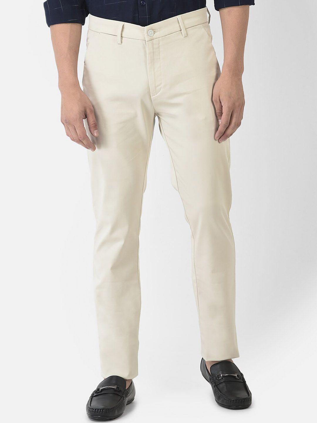 crimsoune club men cream-coloured printed urban slim fit cotton trousers