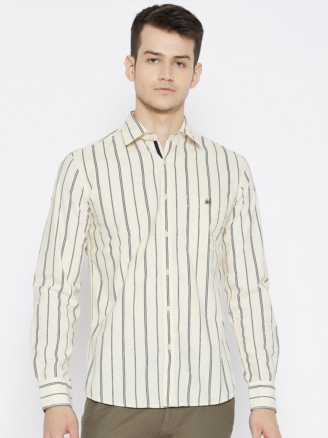 crimsoune club men cream-coloured slim fit opaque striped casual shirt