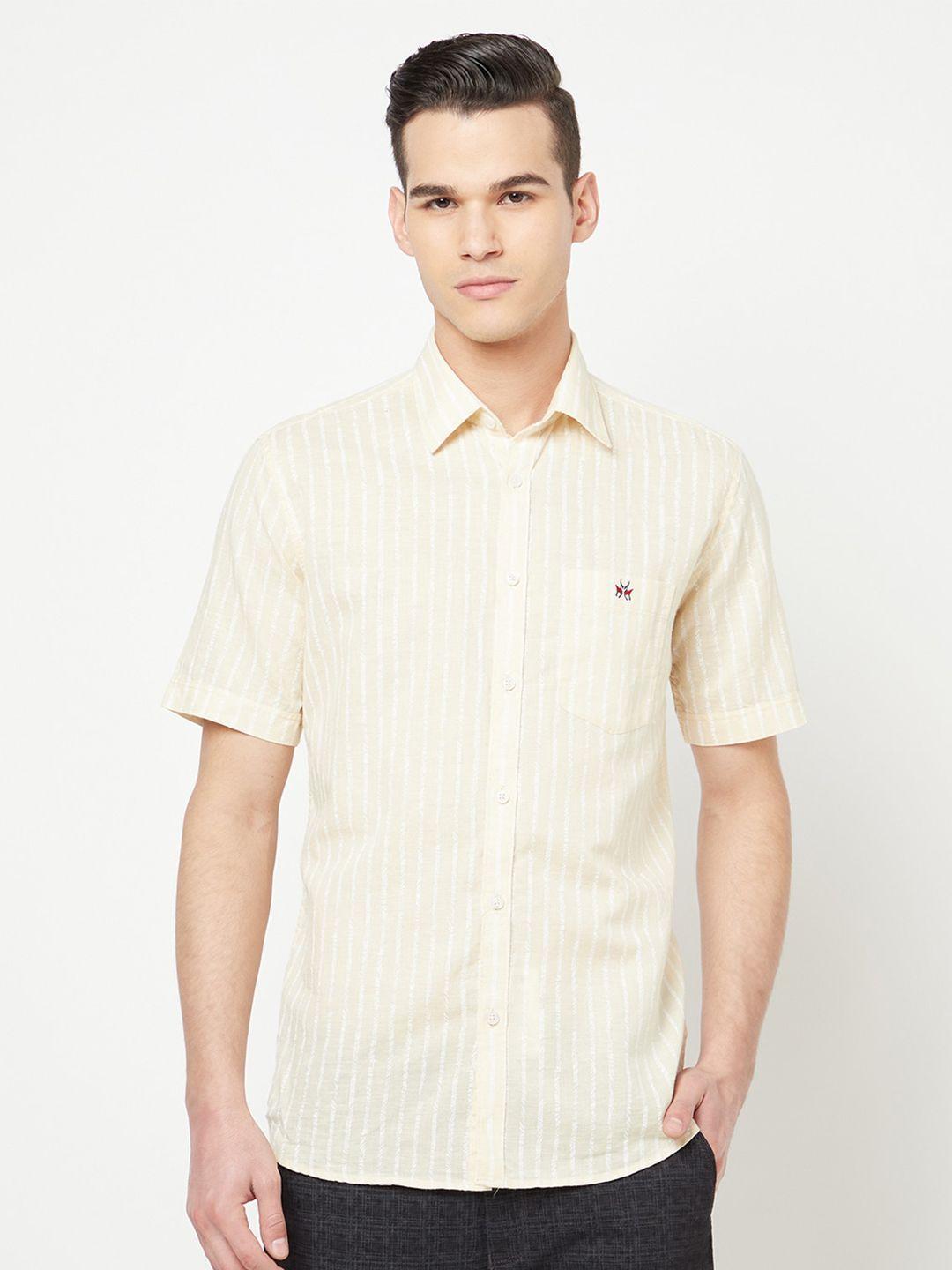 crimsoune club men cream-coloured slim fit striped casual shirt