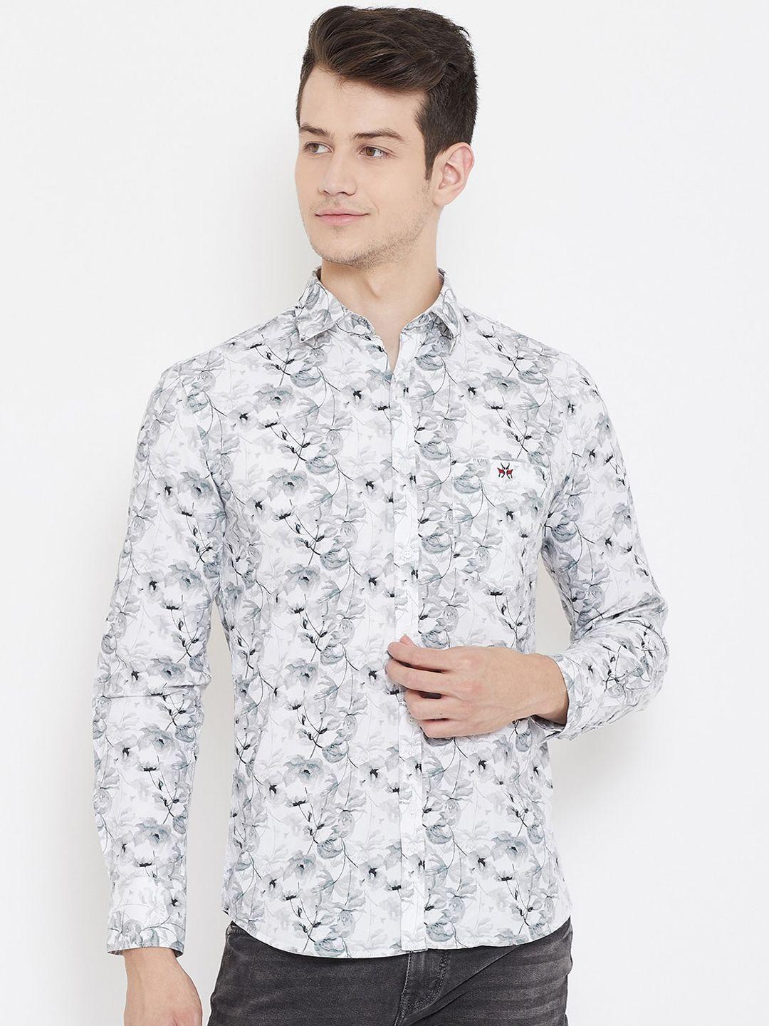 crimsoune club men grey slim fit floral printed cotton casual shirt