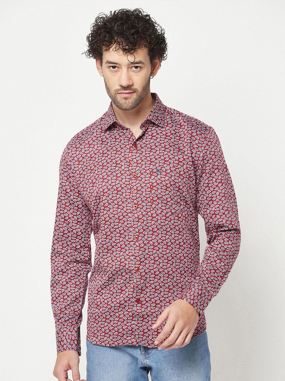 crimsoune club men maroon slim fit floral opaque printed casual shirt