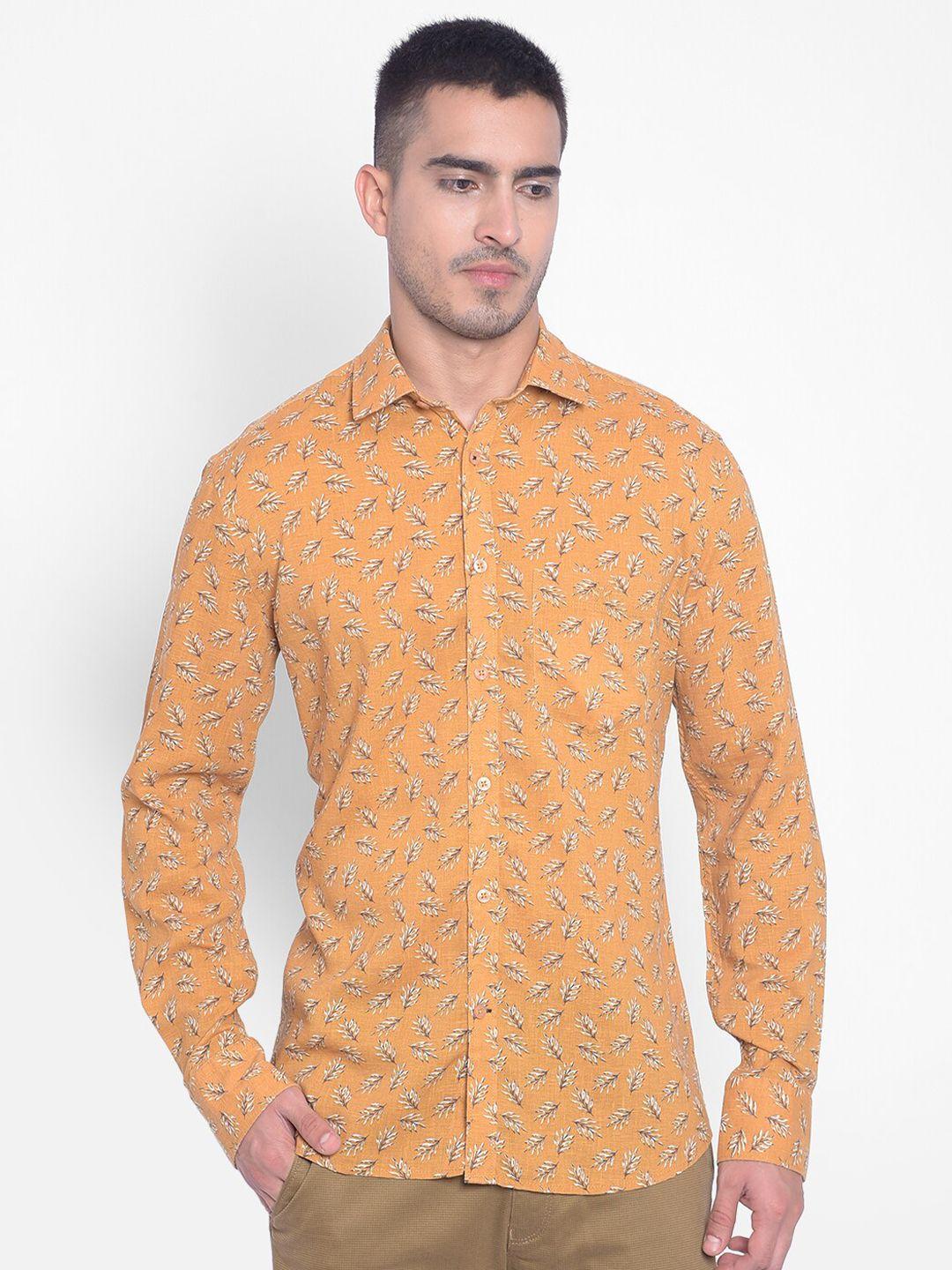 crimsoune club men mustard slim fit floral opaque printed casual shirt