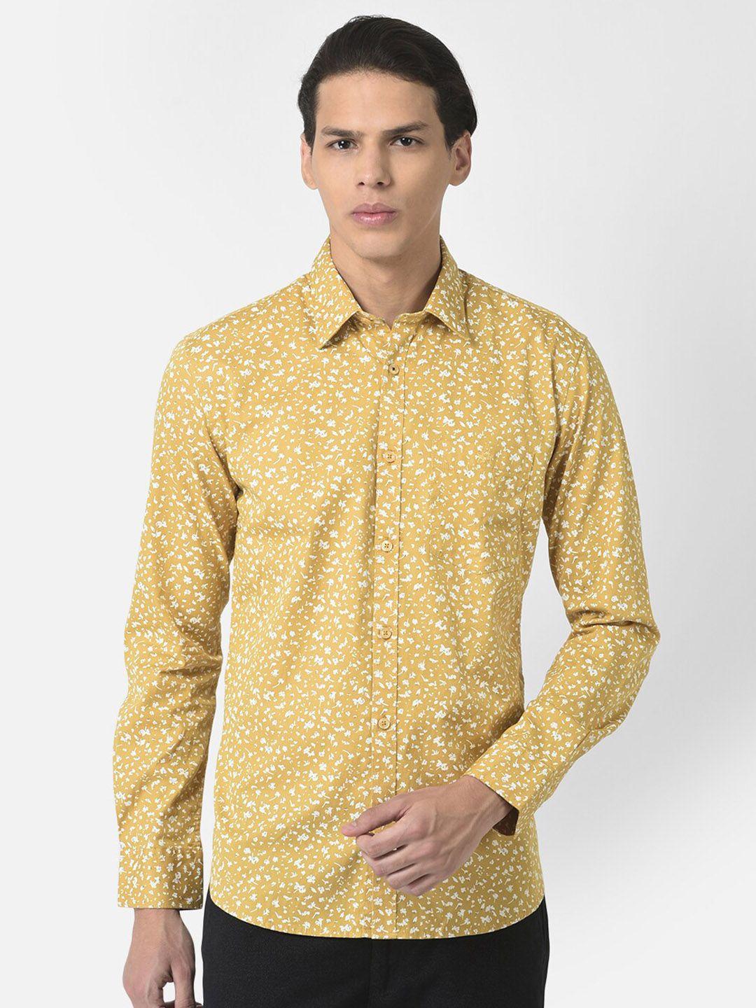 crimsoune club men mustard slim fit floral printed pure cotton casual shirt