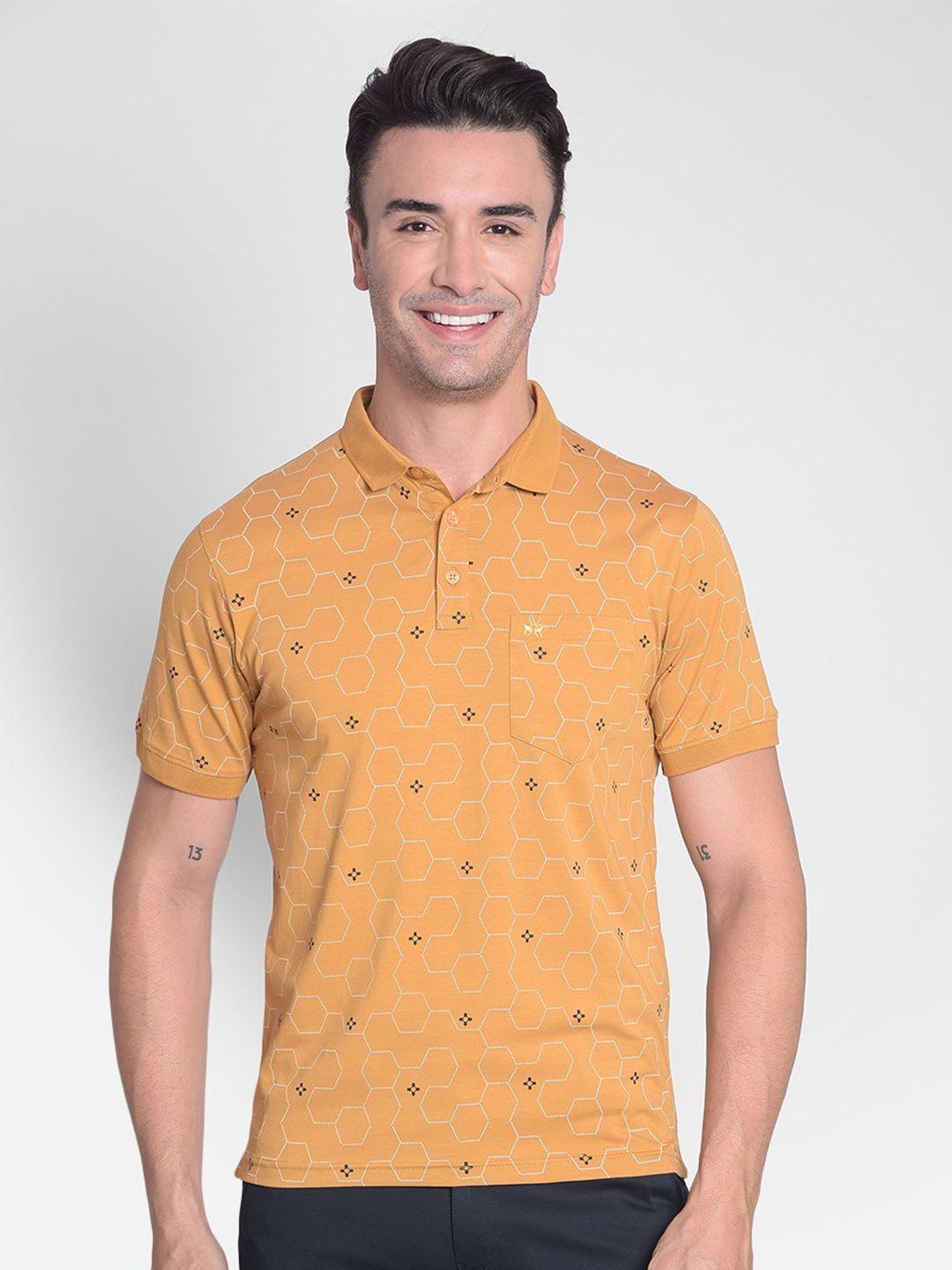 crimsoune club men mustard yellow printed polo collar slim fit t-shirt