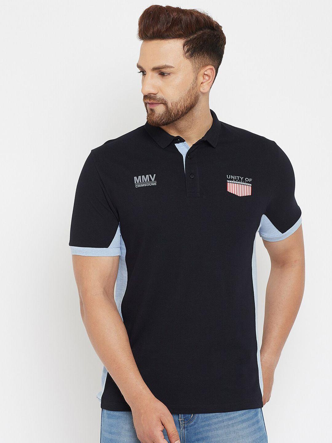 crimsoune club men navy blue typography colourblocked polo collar applique slim fit t-shirt