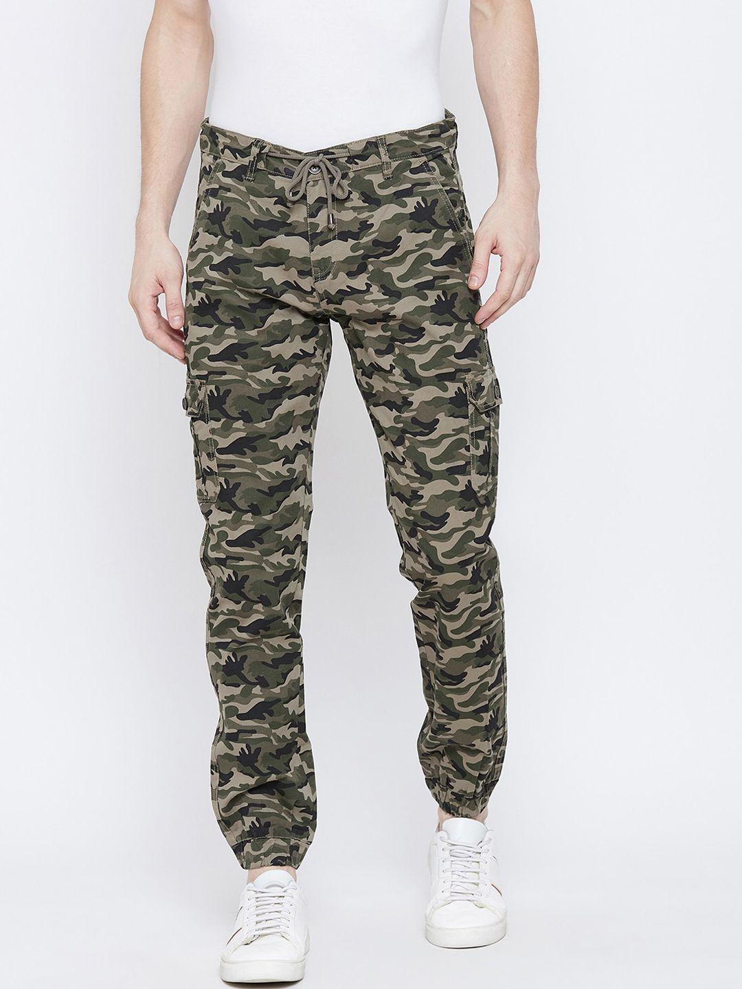 crimsoune club men olive-green & black camouflage printed joggers