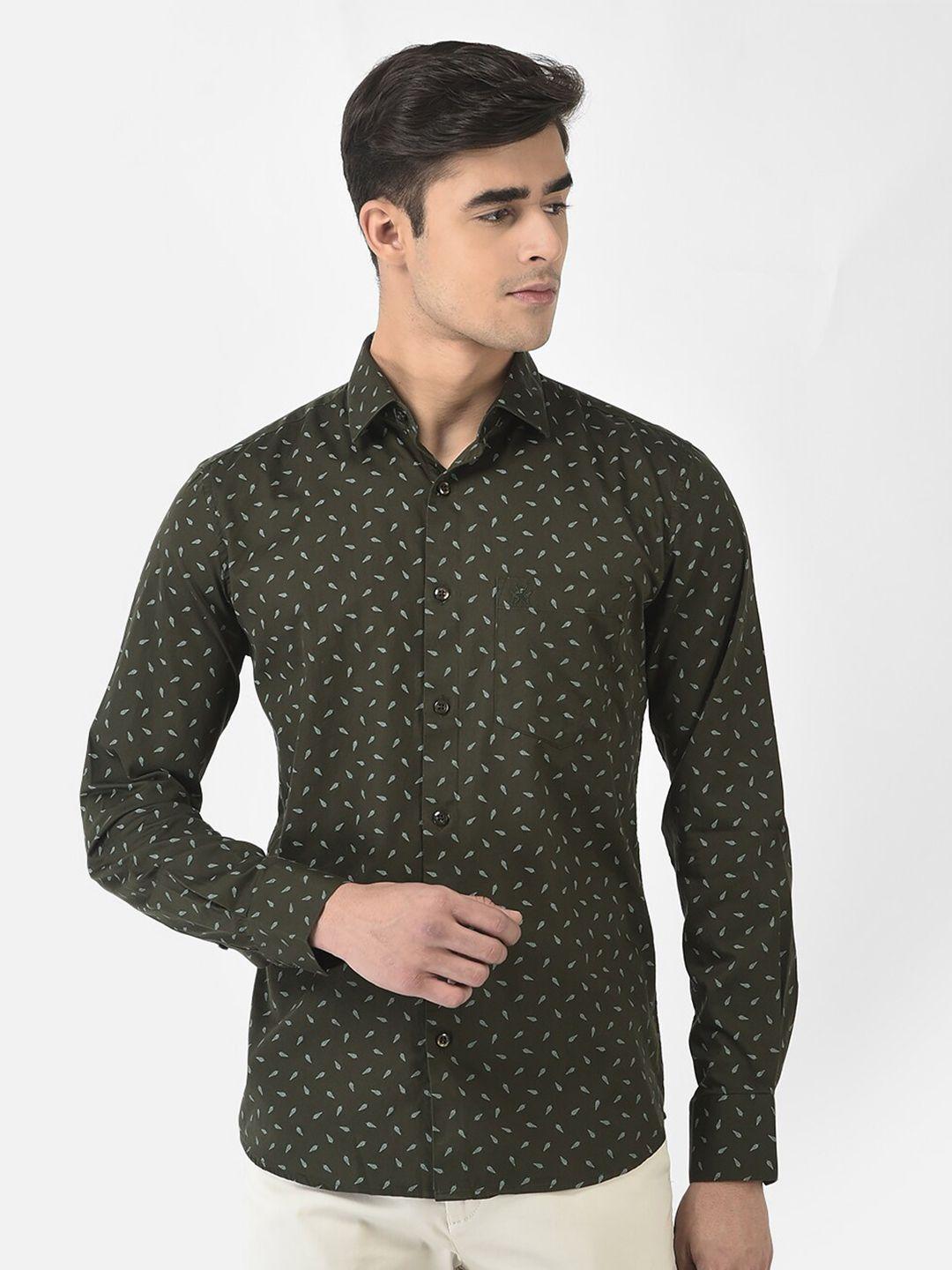 crimsoune club men olive green slim fit floral printed cotton casual shirt