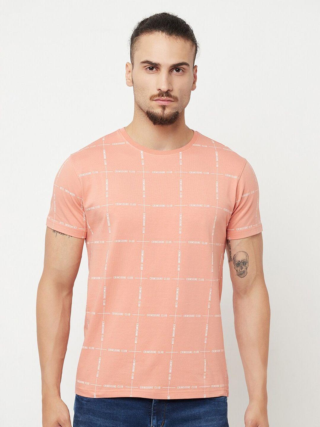 crimsoune club men peach-coloured checked slim fit outdoor t-shirt