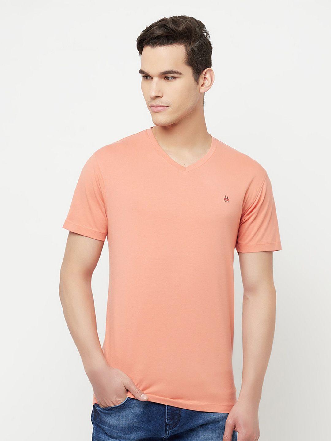 crimsoune club men peach-coloured solid slim fit outdoor cotton t-shirt