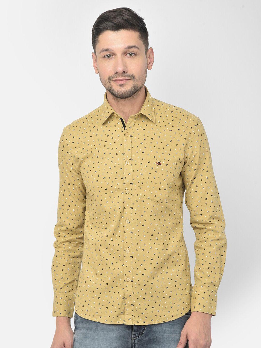 crimsoune club men yellow slim fit printed cotton casual shirt