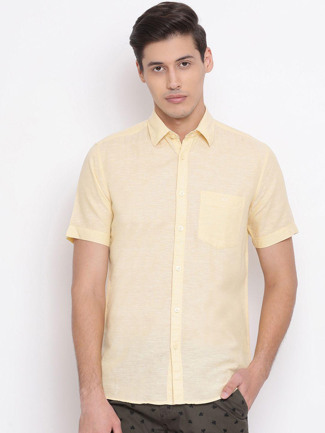 crimsoune club men yellow slim fit solid linen casual shirt