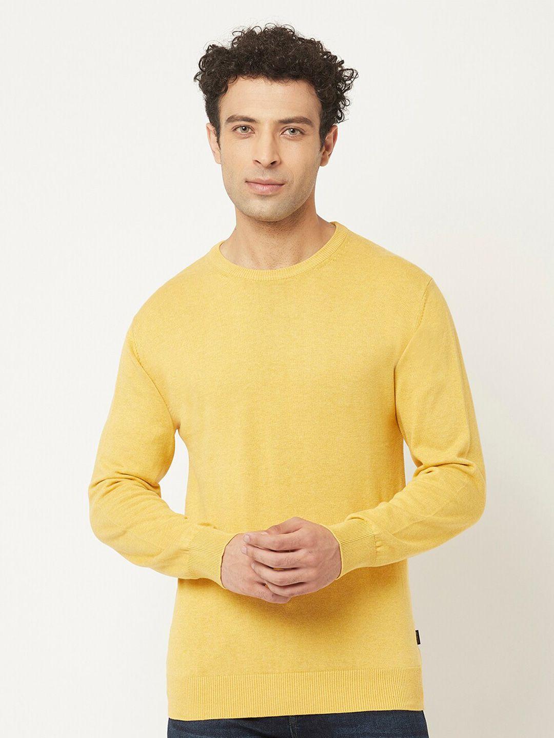 crimsoune club men yellow solid round neck pure cotton pullover