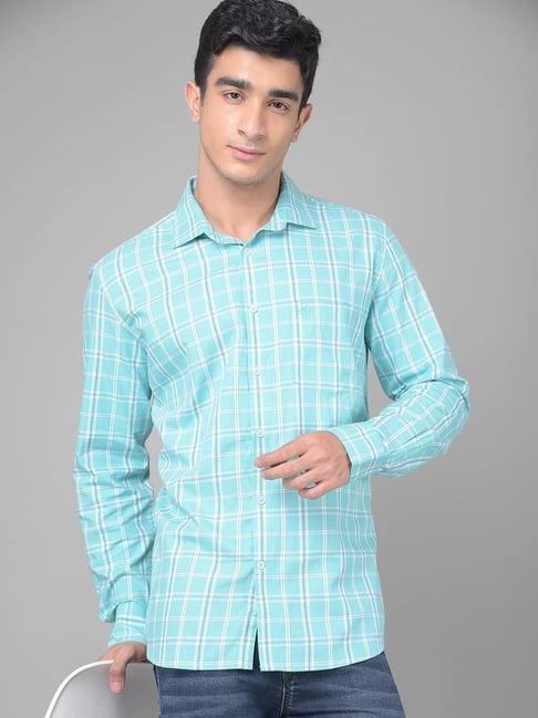 crimsoune club mint green cotton slim fit checks shirt